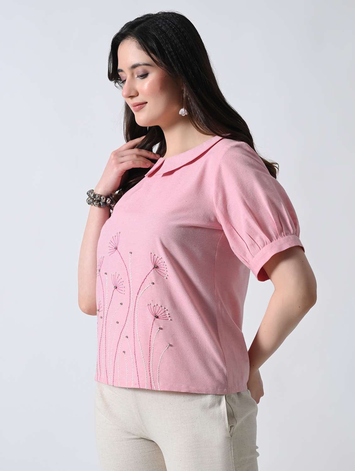women embroidered peter pan collared regular top - 22389752 -  Standard Image - 3