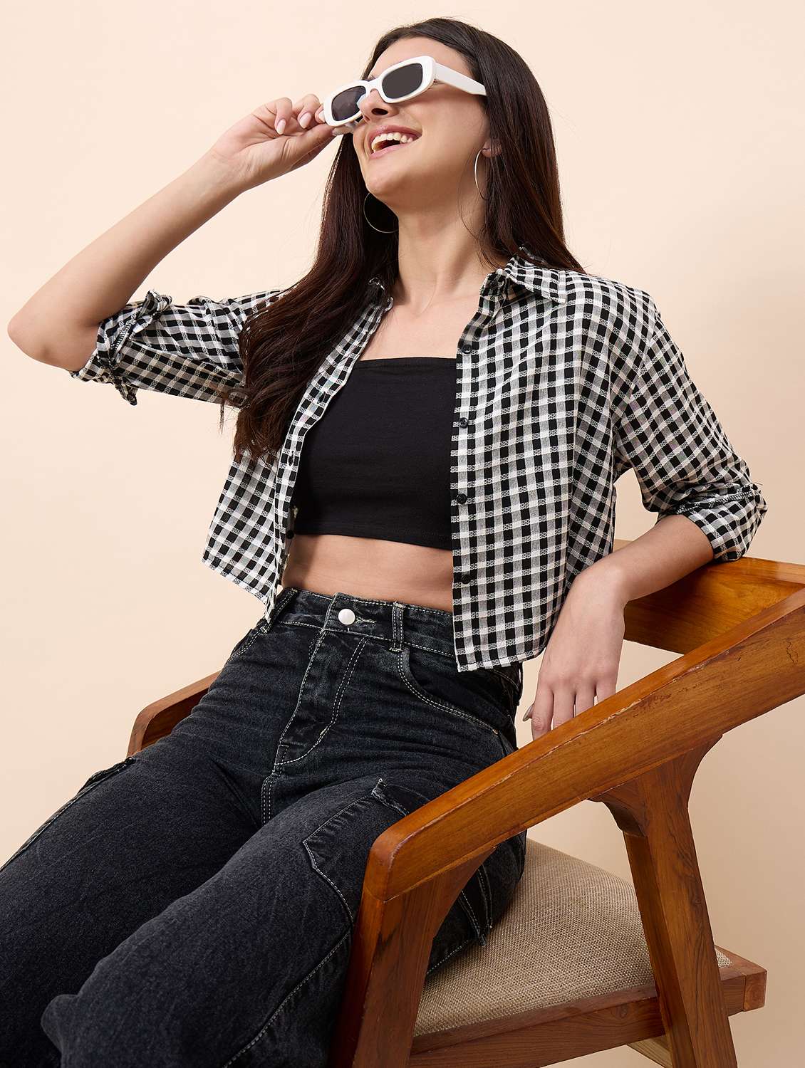 women checkered collared long sleeve crop shirt - 22390135 -  Standard Image - 3