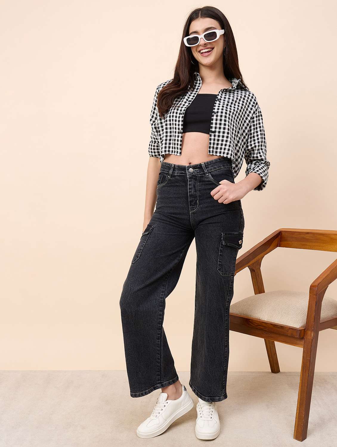 women checkered collared long sleeve crop shirt - 22390135 -  Standard Image - 5