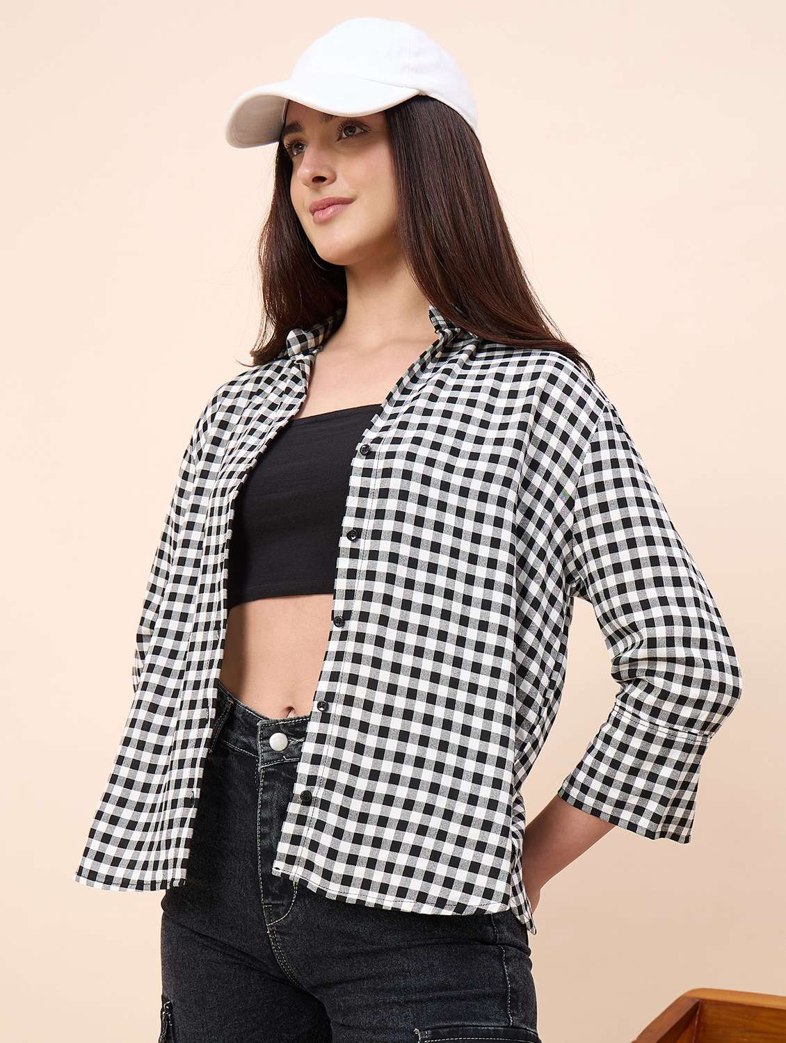 women checkered collared three quarter sleeve shirt - 22390136 -  Standard Image - 3