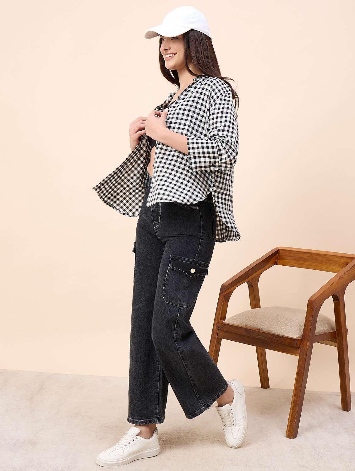 women checkered collared three quarter sleeve shirt - 22390136 -  Standard Image - 5