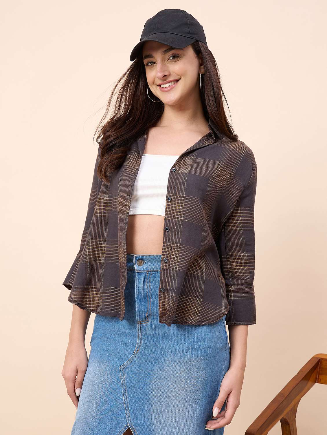 women checkered collared three quarter sleeve shirt - 22390137 -  Standard Image - 3