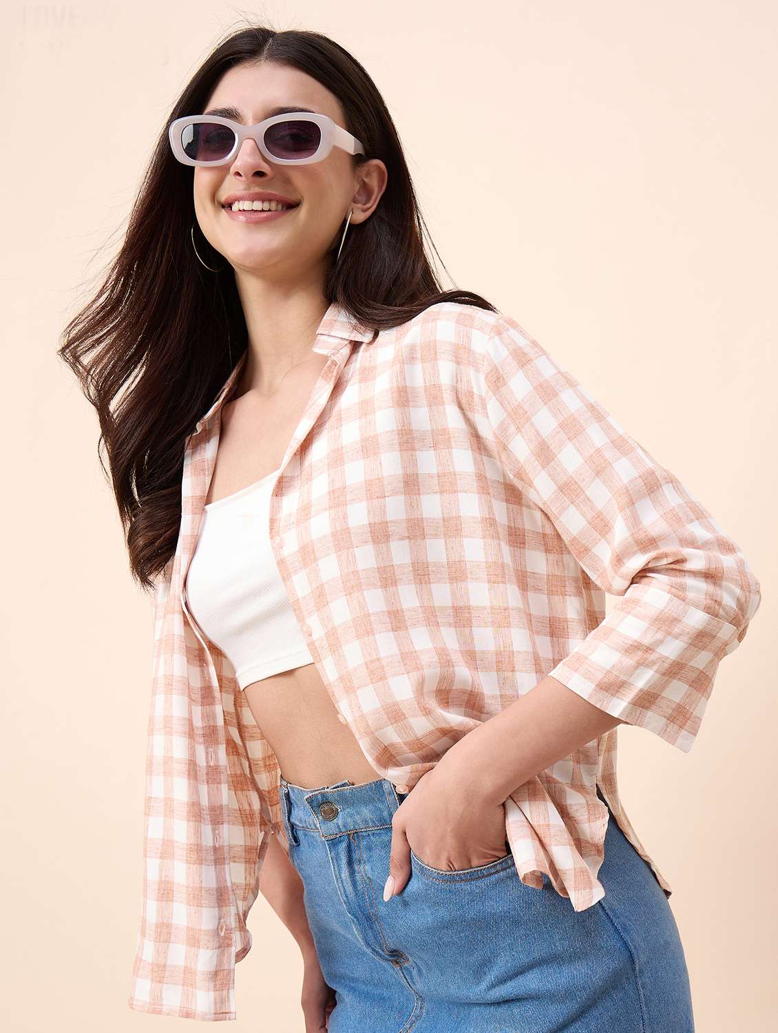 women checkered collared three quarter sleeve shirt