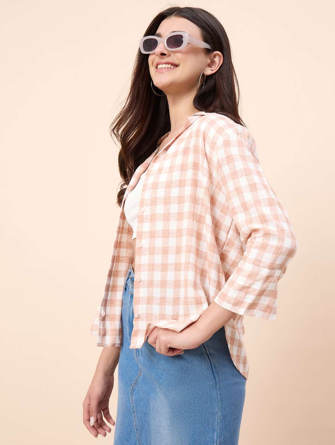 women checkered collared three quarter sleeve shirt - 22390139 -  Standard Image - 3