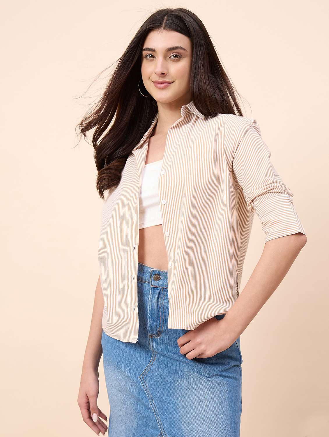women striped collared three quarter sleeve shirt