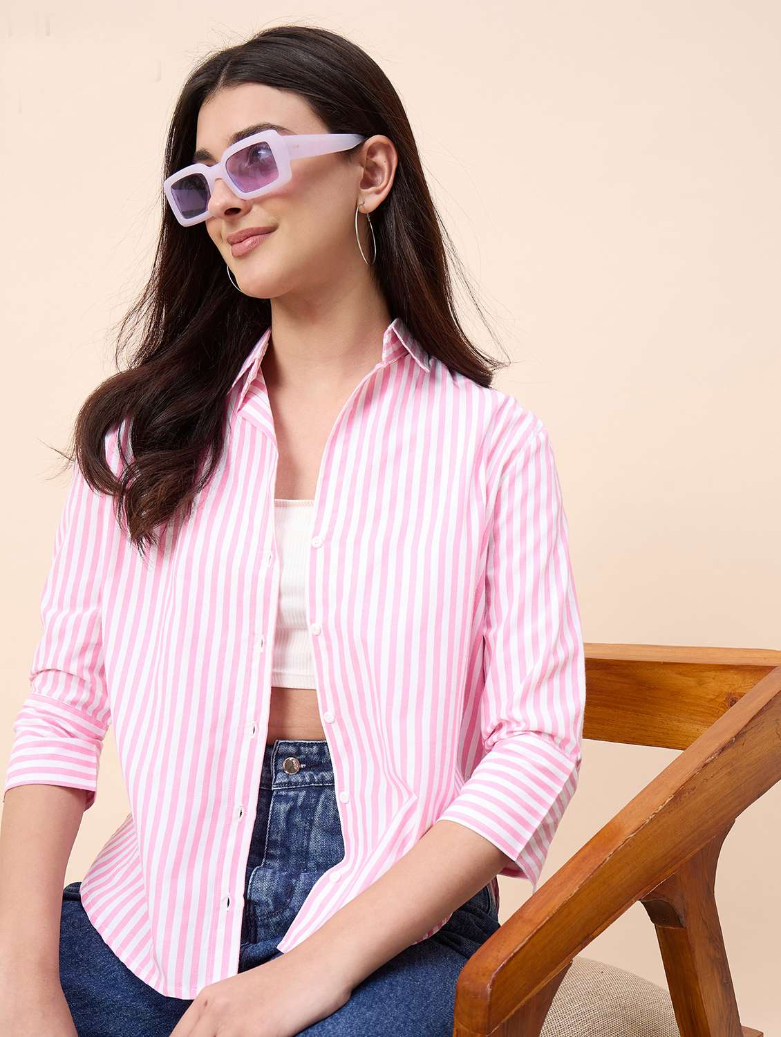 Women Striped Collared Three Quarter Sleeve Shirt - 22390141 -  Standard Image - 3