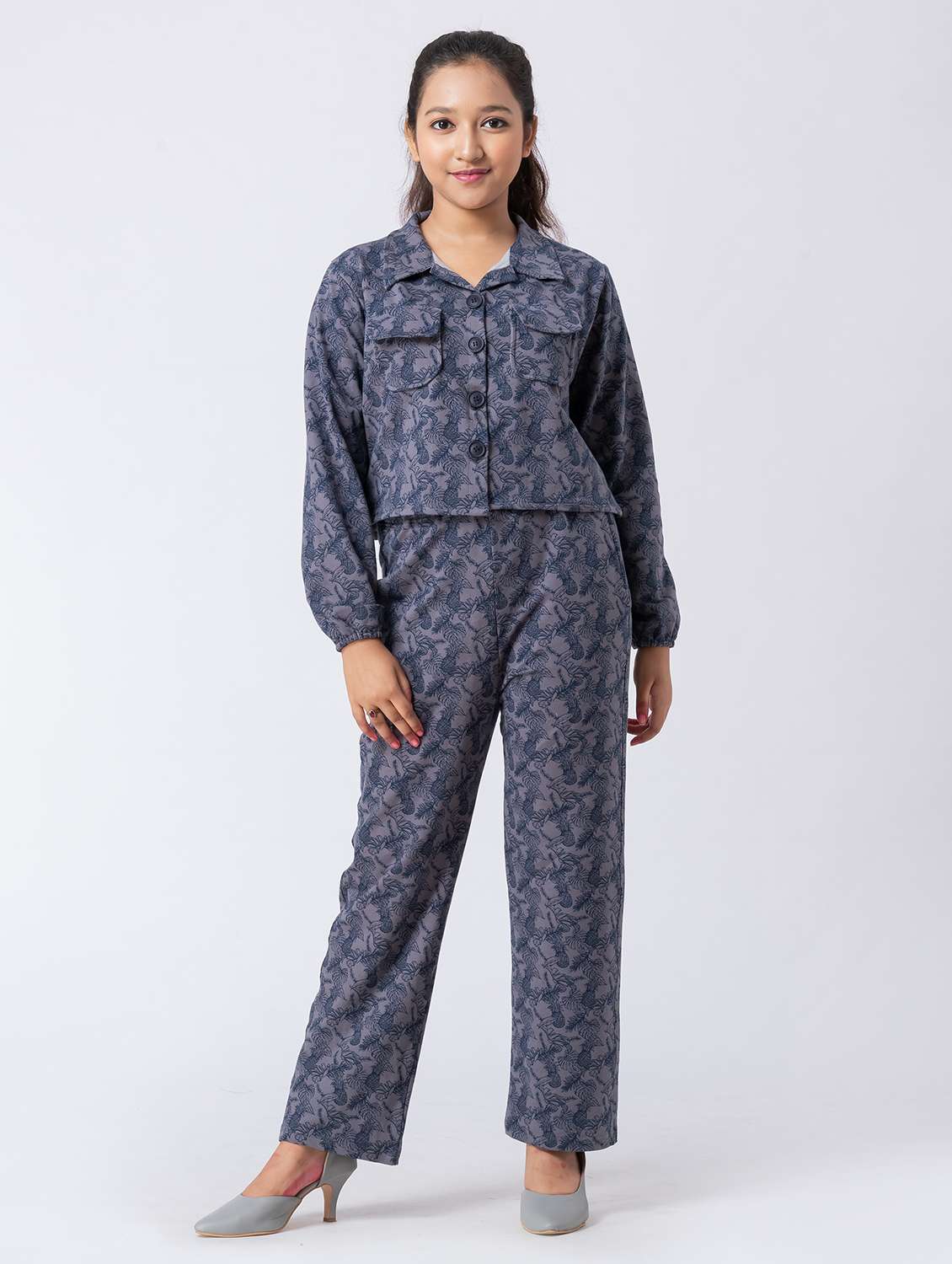 girls printed navy blue cotton blend full length sets co-ord set