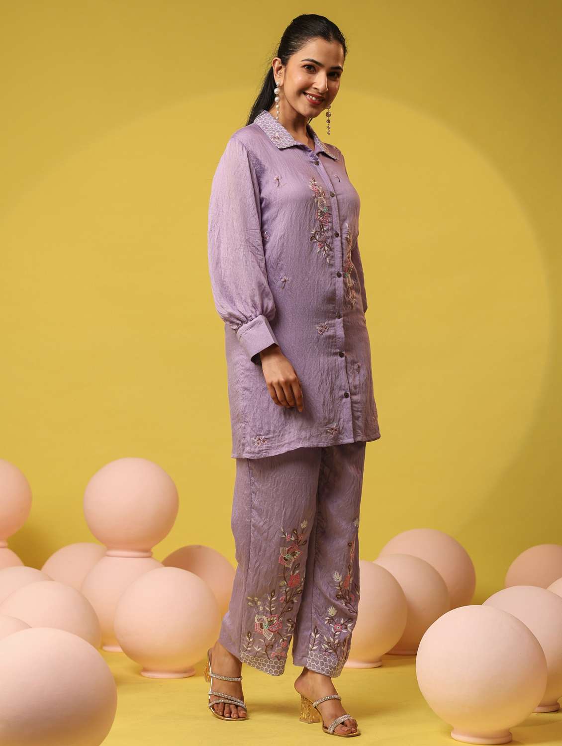 women solid with work long sleeve ethnic co-ord set - 22390143 -  Standard Image - 3