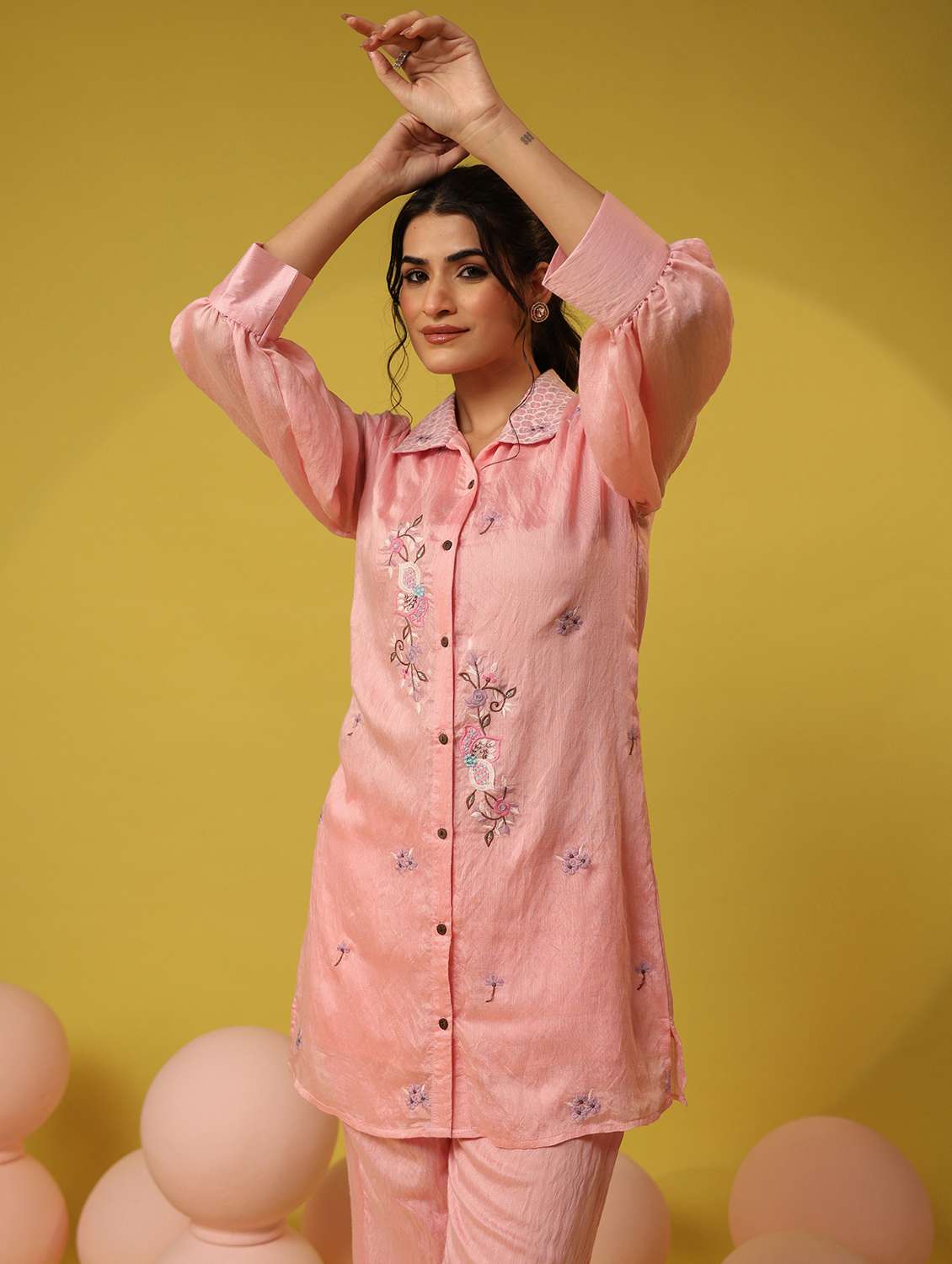 women solid with work long sleeve ethnic co-ord set - 22390144 -  Standard Image - 5