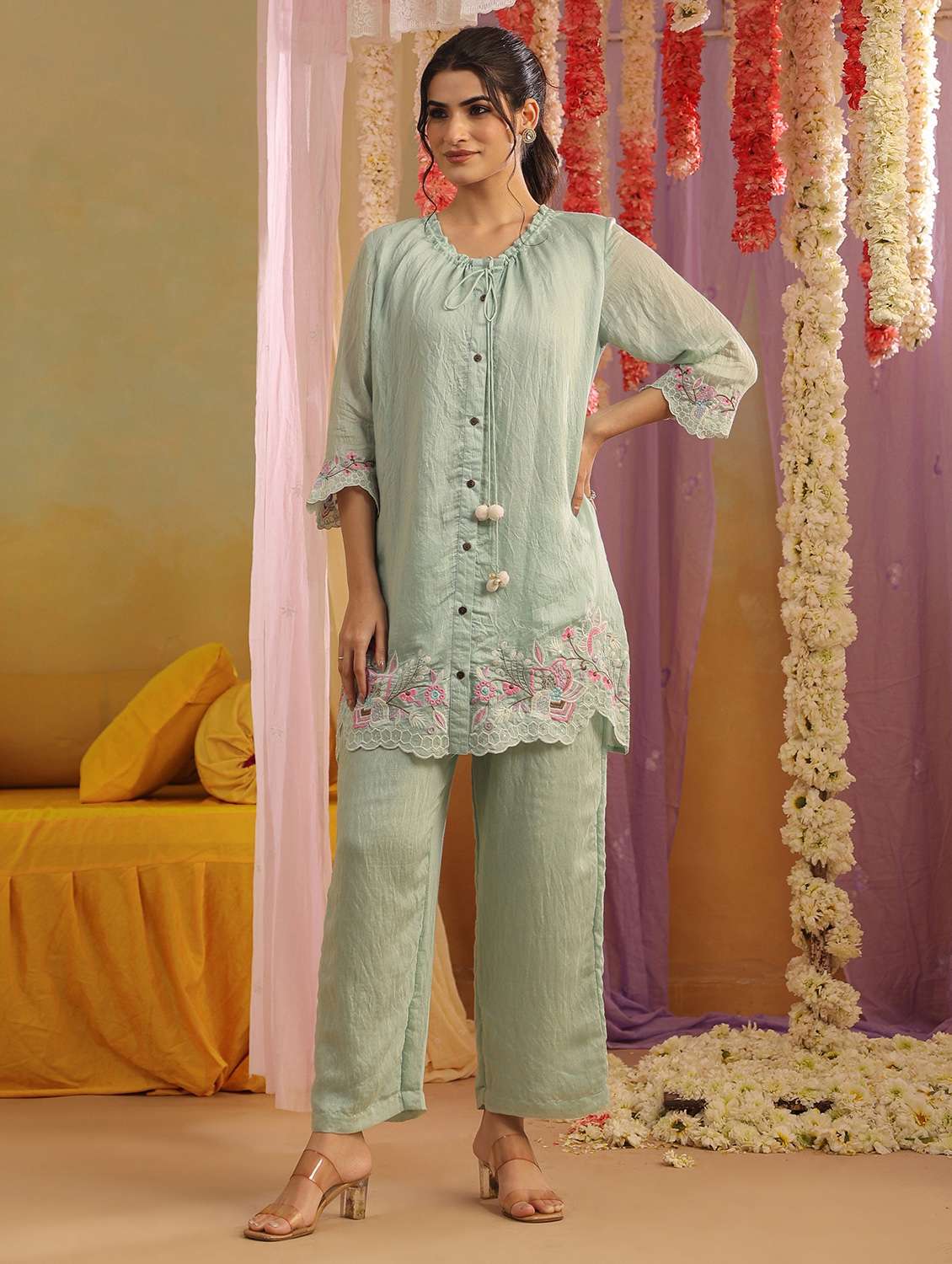 women solid with work three quarter sleeve ethnic co-ord set