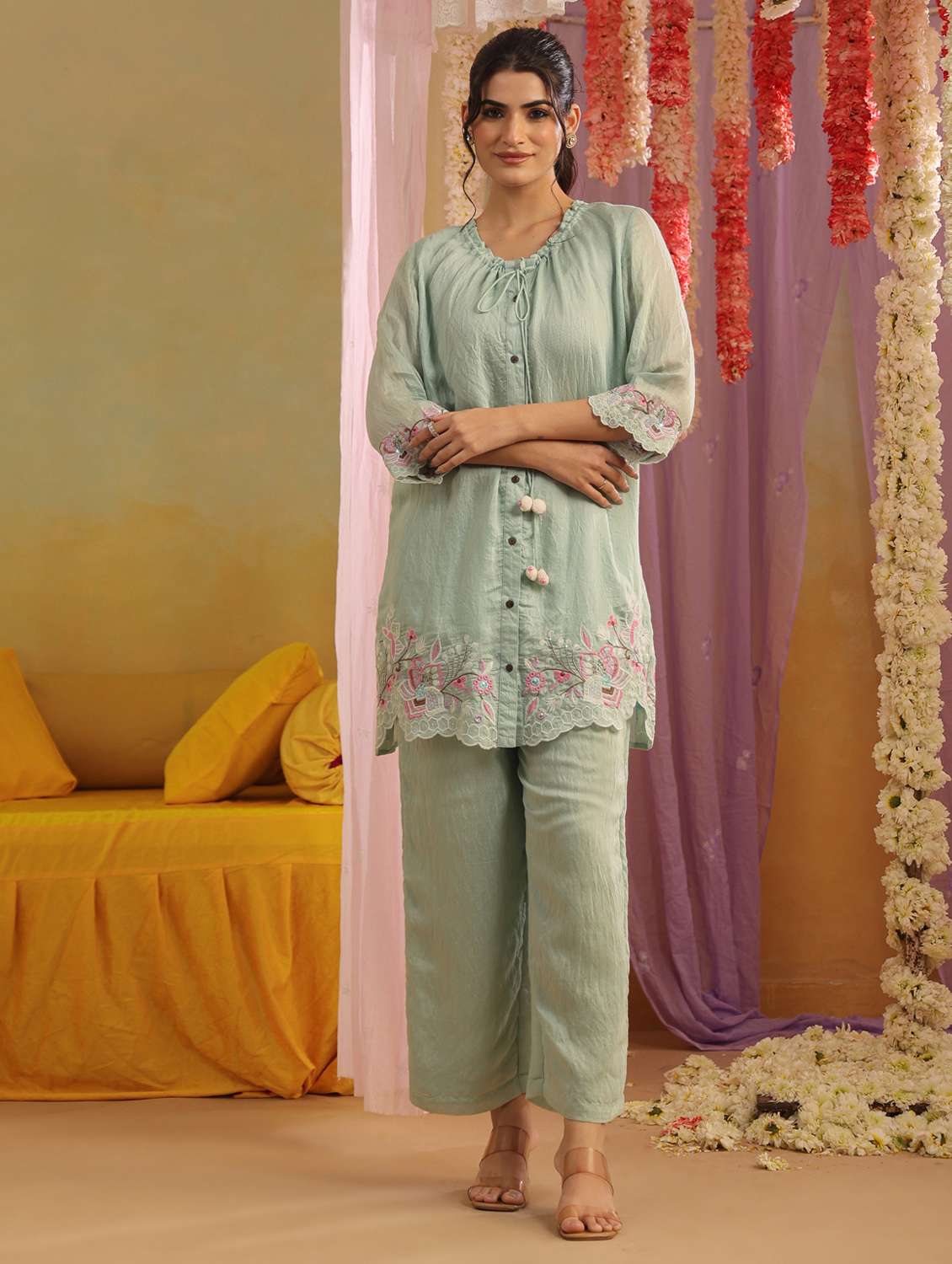 women solid with work three quarter sleeve ethnic co-ord set - 22390145 -  Standard Image - 3