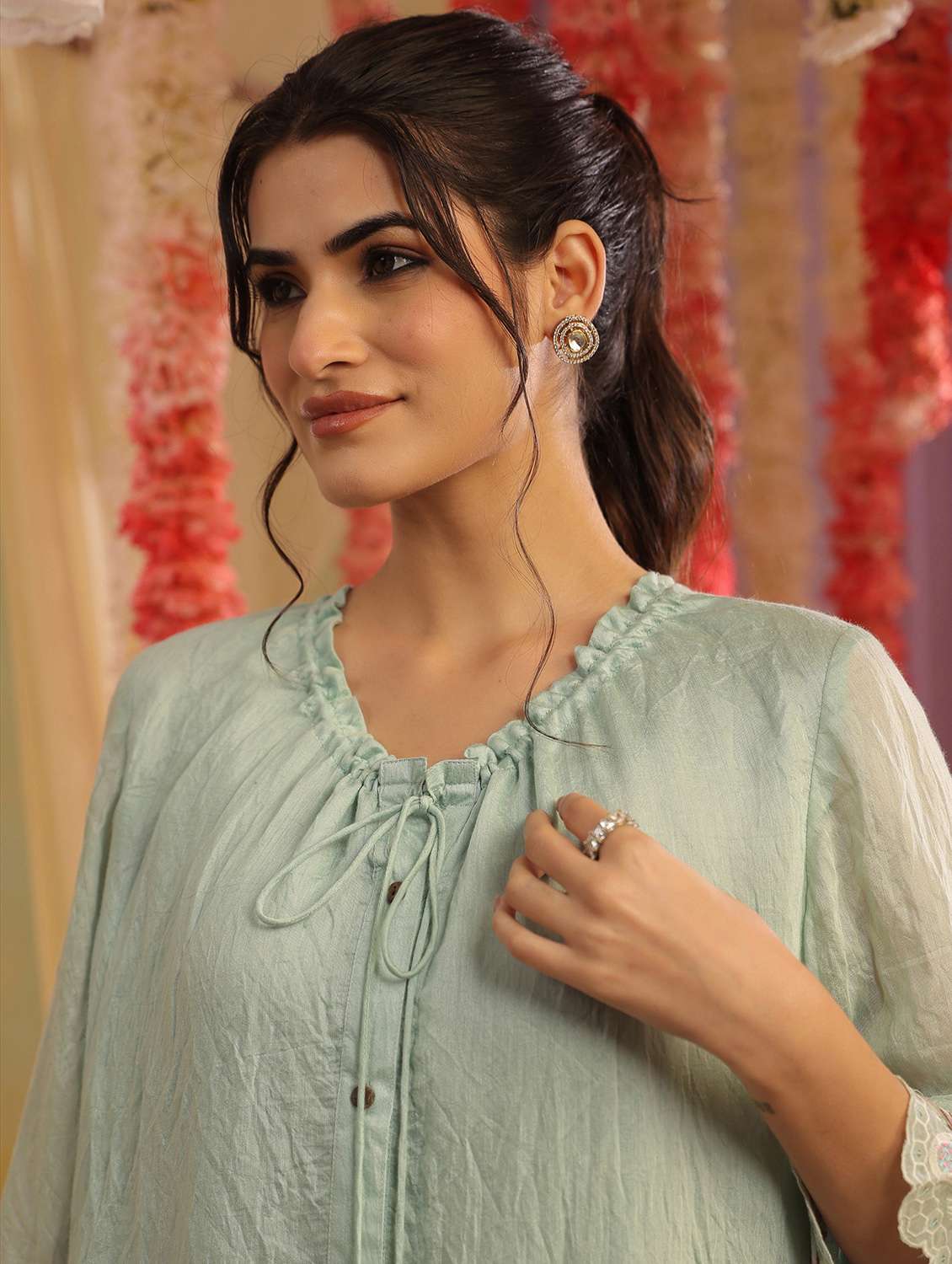 women solid with work three quarter sleeve ethnic co-ord set - 22390145 -  Standard Image - 5