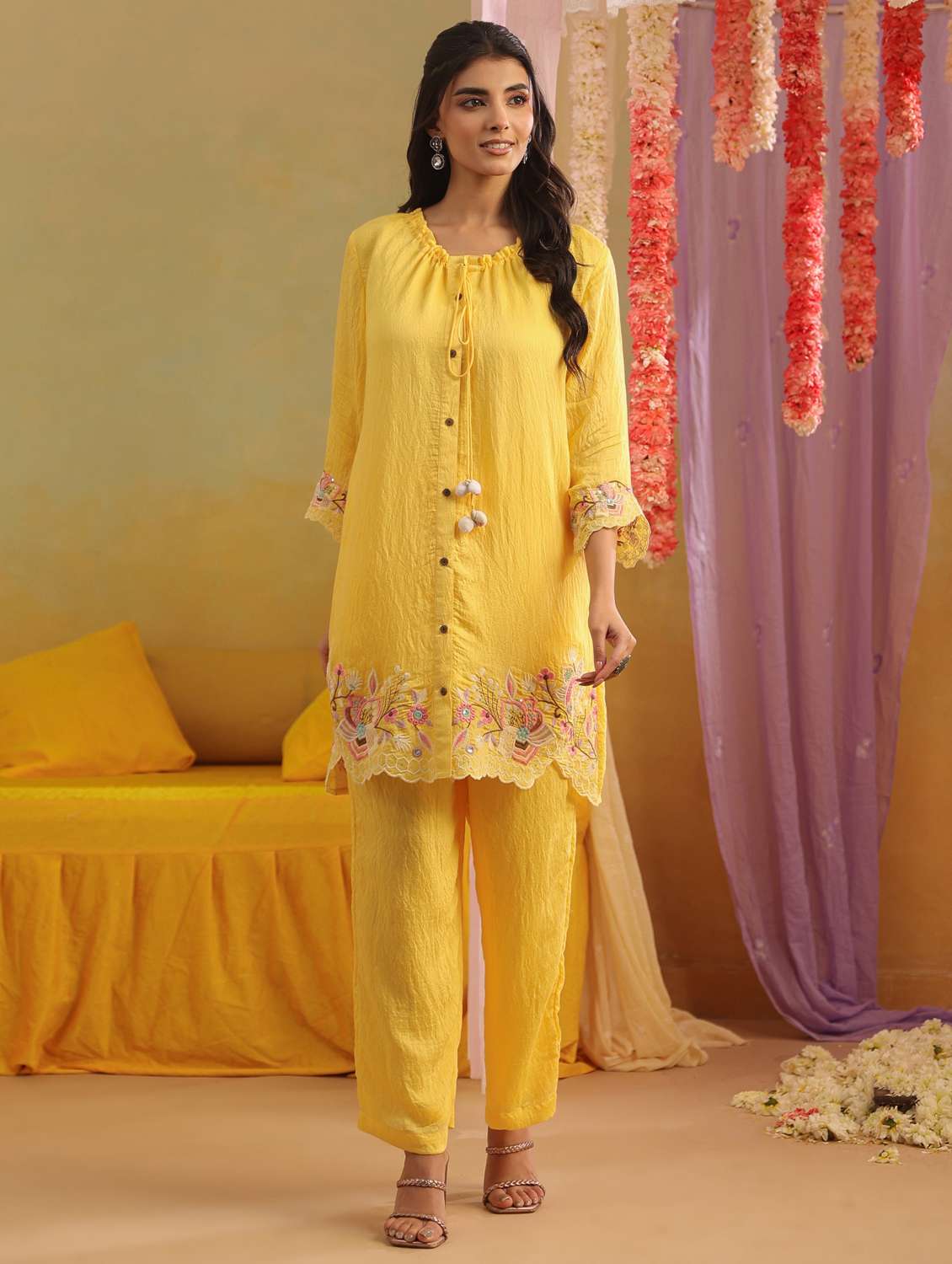 women solid with work three quarter sleeve ethnic co-ord set