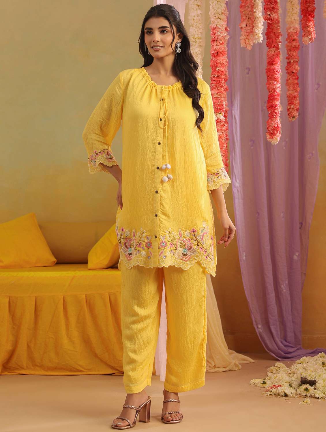 women solid with work three quarter sleeve ethnic co-ord set - 22390146 -  Standard Image - 3