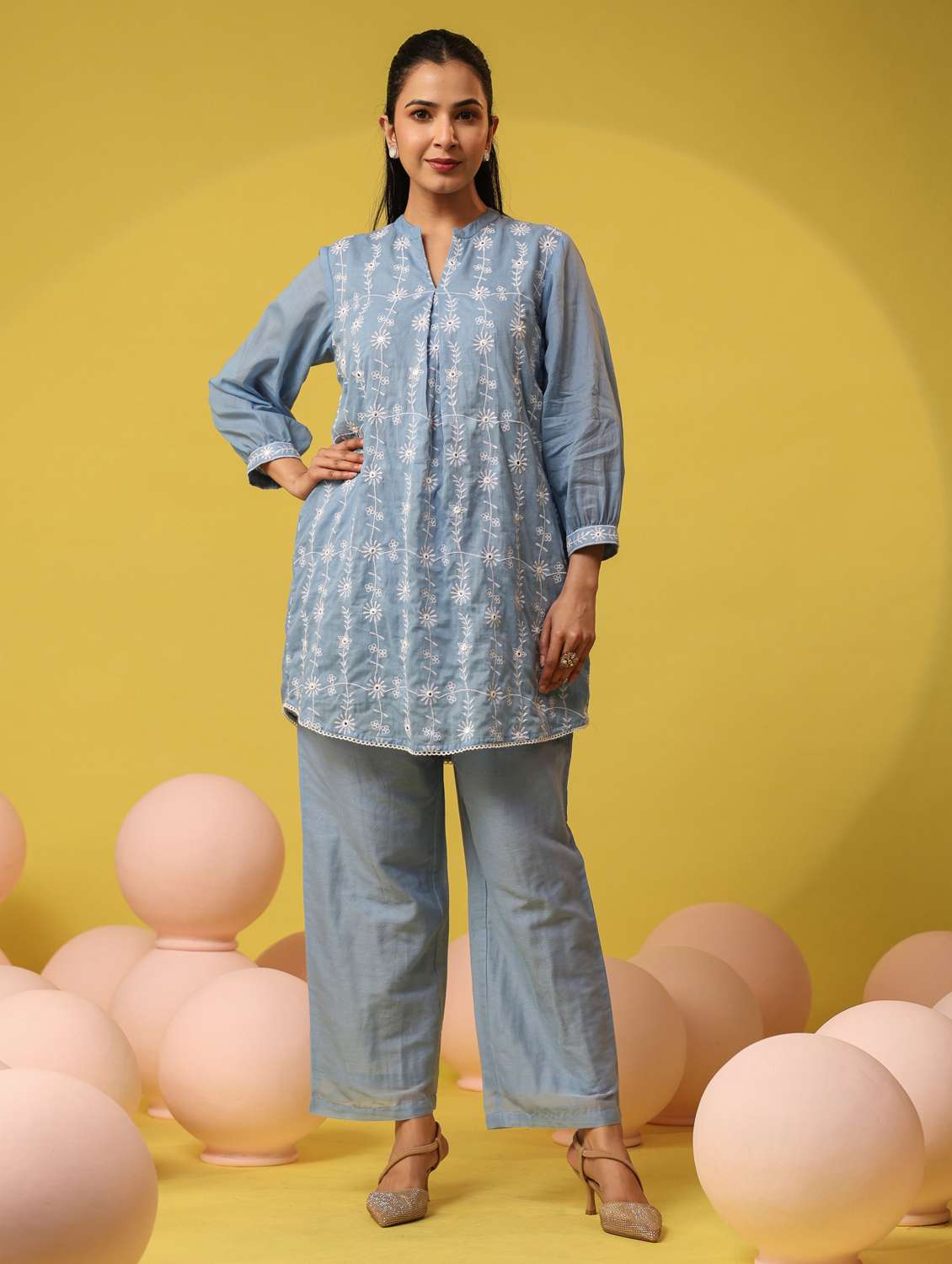 women solid with work three quarter sleeve ethnic co-ord set