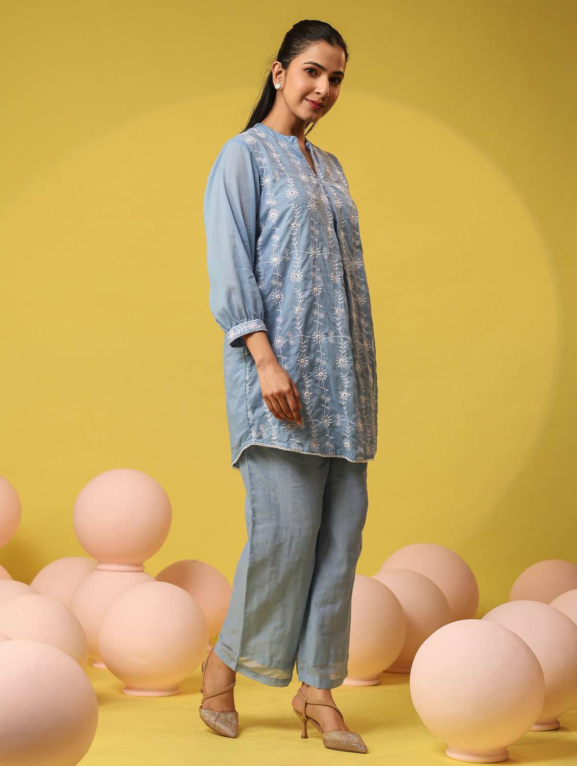 women solid with work three quarter sleeve ethnic co-ord set - 22390148 -  Standard Image - 3