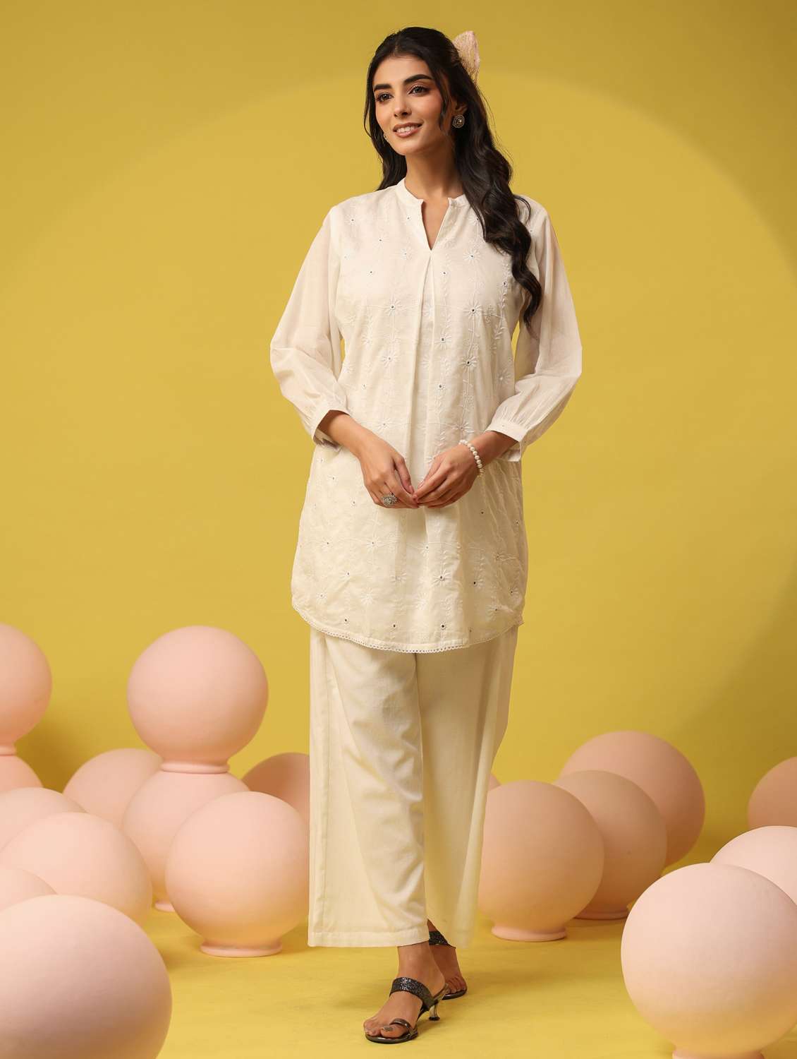 women solid with work three quarter sleeve ethnic co-ord set