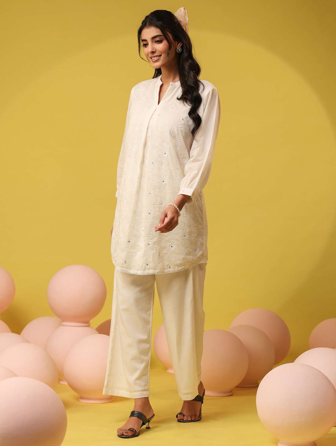 women solid with work three quarter sleeve ethnic co-ord set - 22390149 -  Standard Image - 3