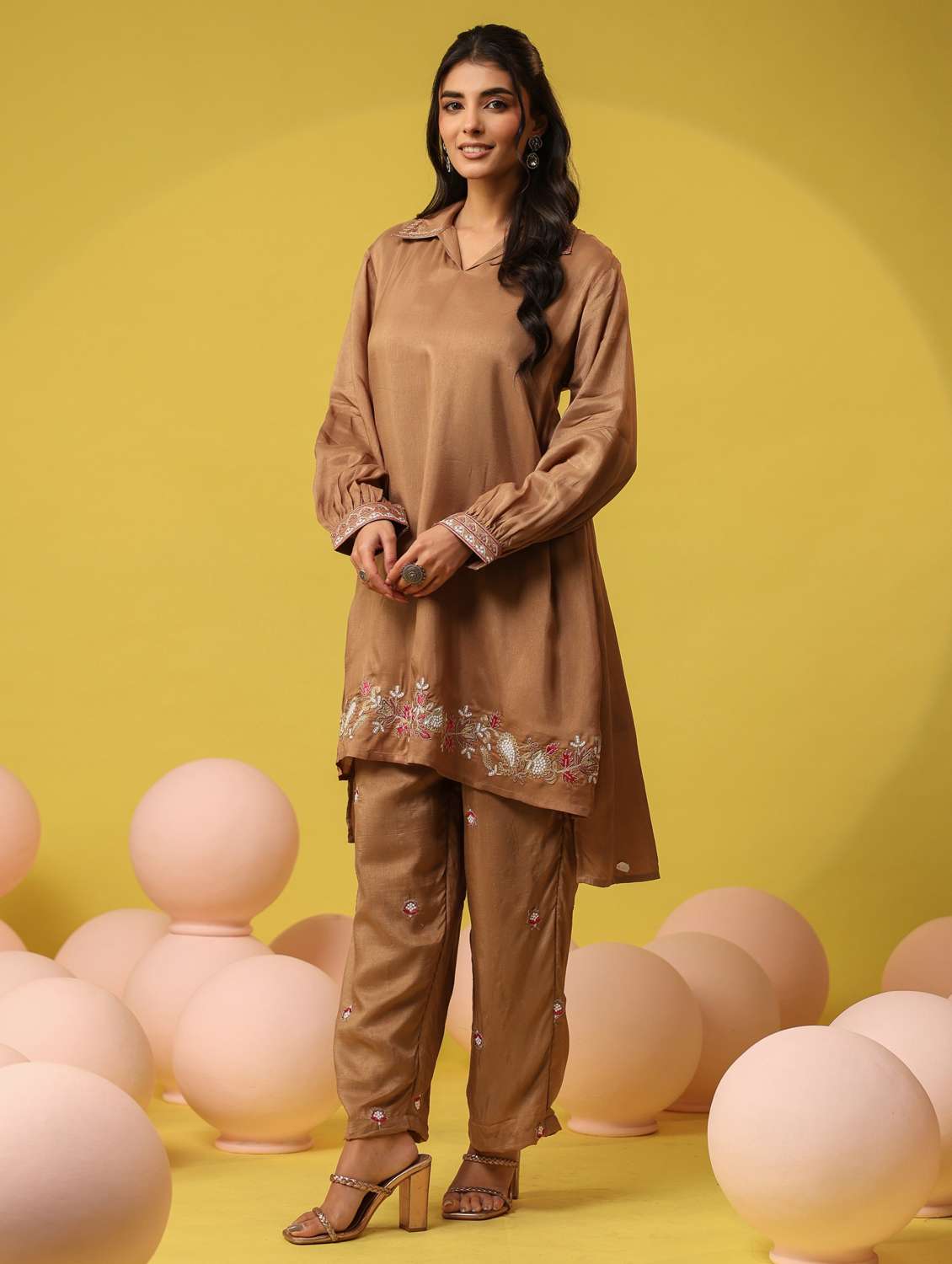 women solid with work long sleeve ethnic co-ord set - 22390150 -  Standard Image - 3