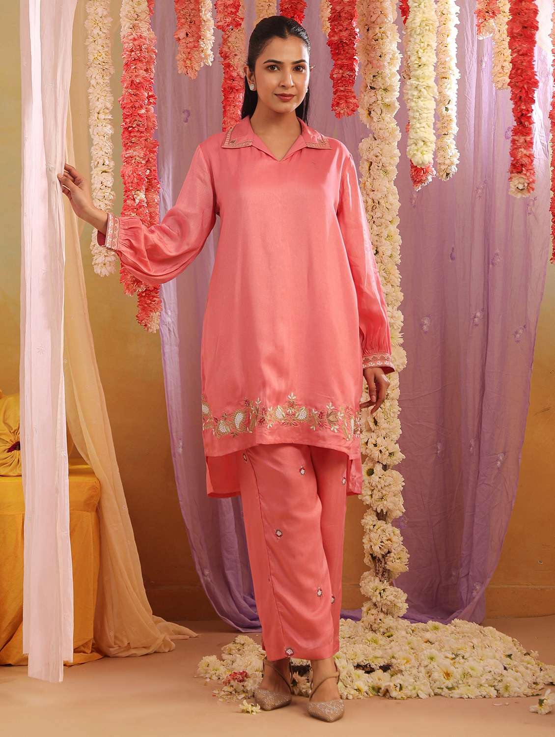 women solid with work long sleeve ethnic co-ord set