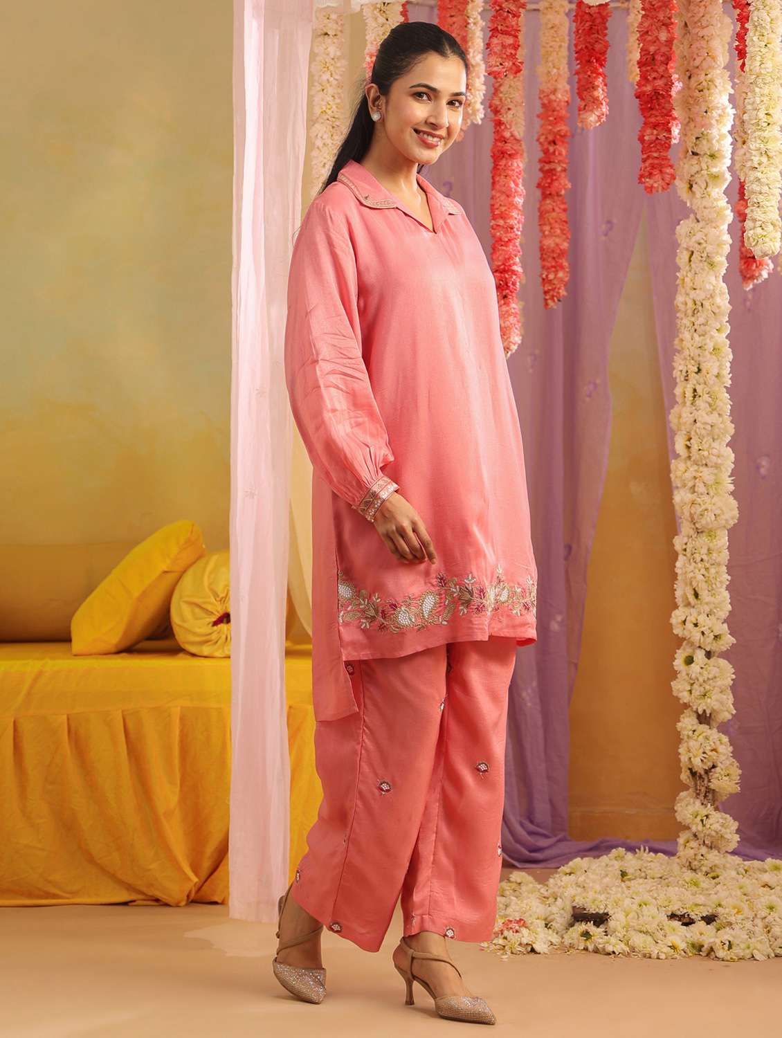 women solid with work long sleeve ethnic co-ord set - 22390151 -  Standard Image - 3