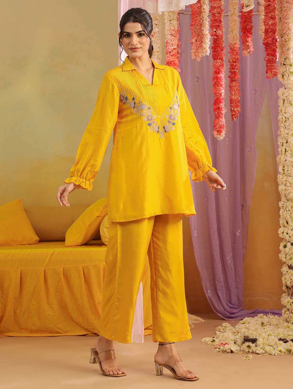 women solid with work long sleeve ethnic co-ord set - 22390152 -  Standard Image - 3