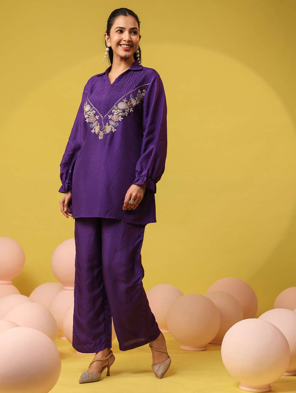 women solid with work long sleeve ethnic co-ord set - 22390153 -  Standard Image - 3