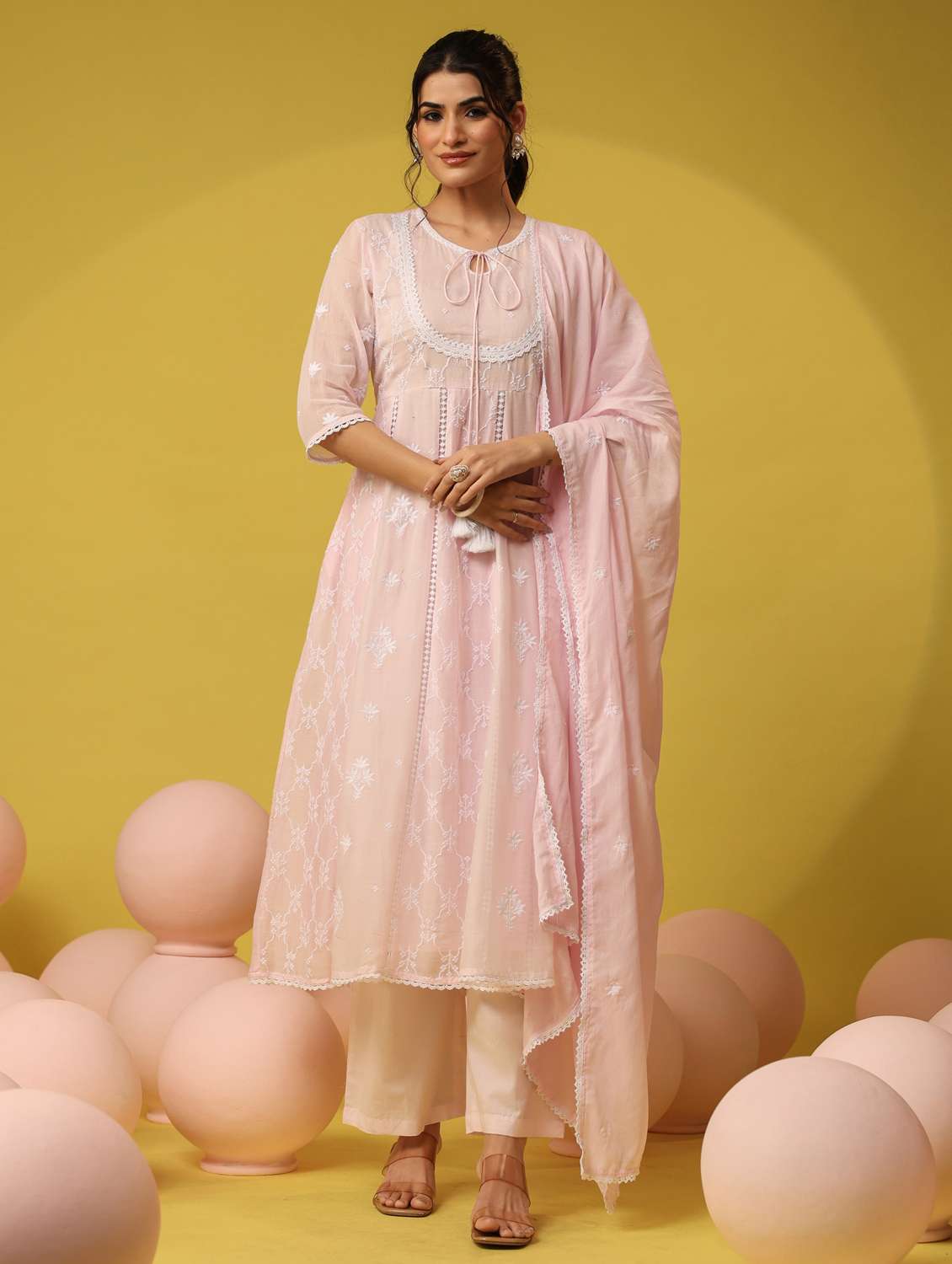 women solid with work three quarter sleeve kurta pant with dupatta set - 22390155 -  Standard Image - 3