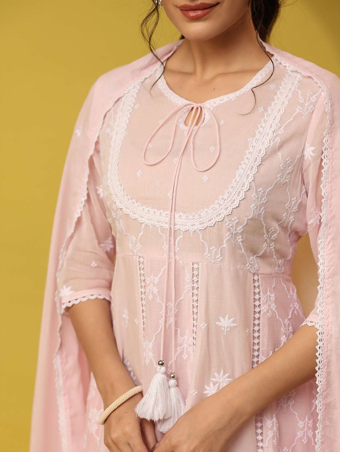 women solid with work three quarter sleeve kurta pant with dupatta set - 22390155 -  Standard Image - 5