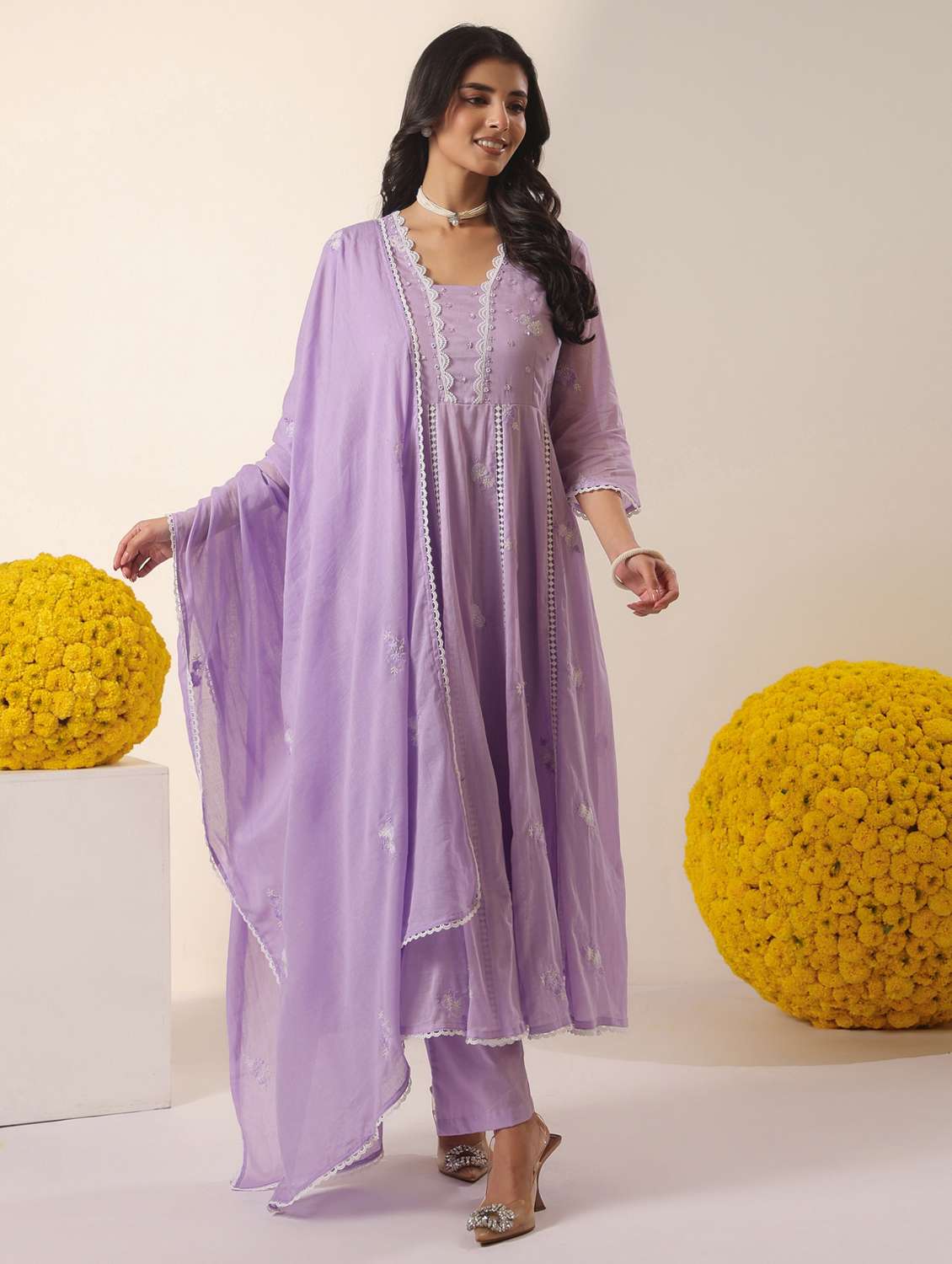women solid with work three quarter sleeve kurta pant with dupatta set - 22390156 -  Standard Image - 3