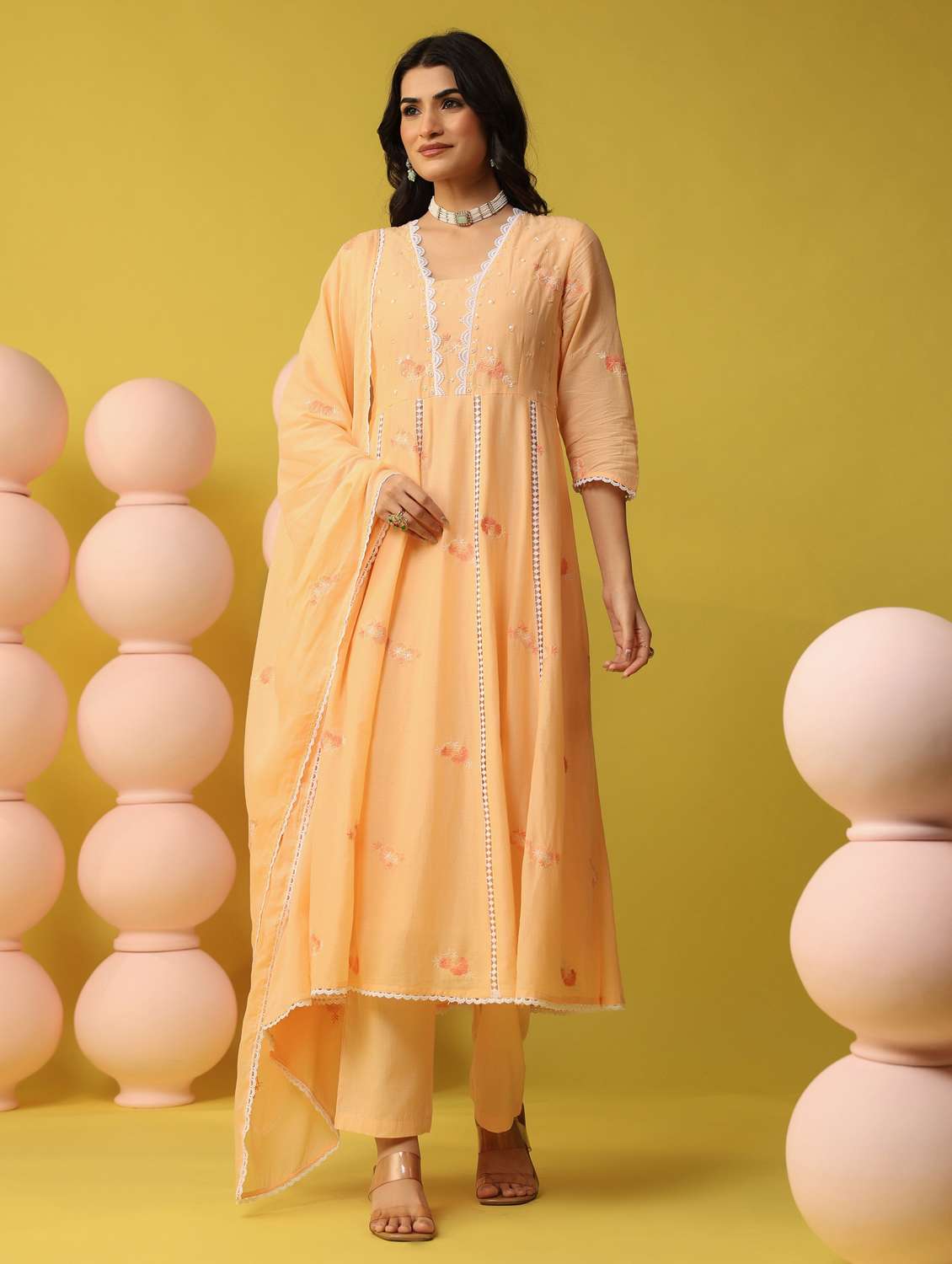 women solid with work three quarter sleeve kurta pant with dupatta set - 22390157 -  Standard Image - 3