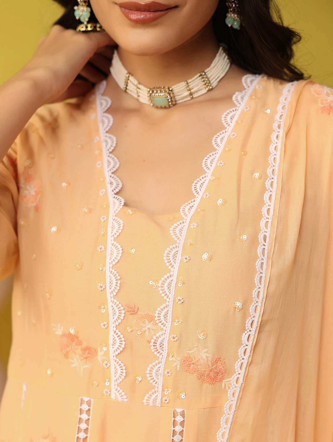 women solid with work three quarter sleeve kurta pant with dupatta set - 22390157 -  Standard Image - 5