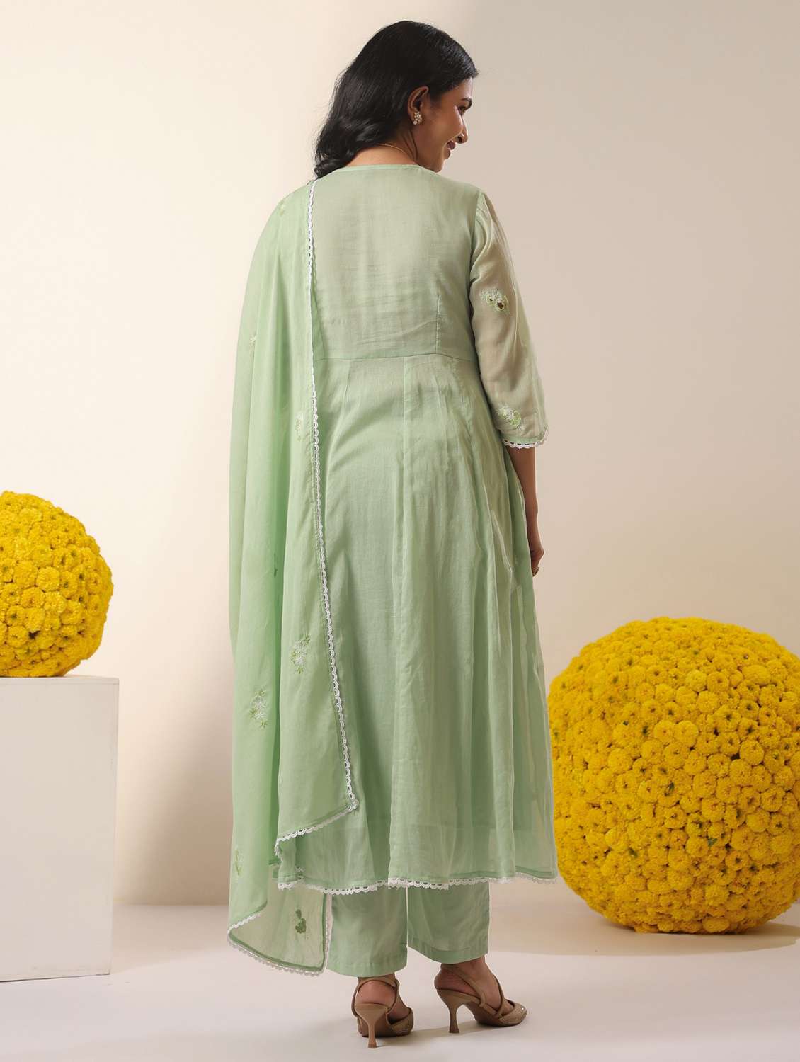 women solid with work three quarter sleeve kurta pant with dupatta set - 22390158 -  Standard Image - 3
