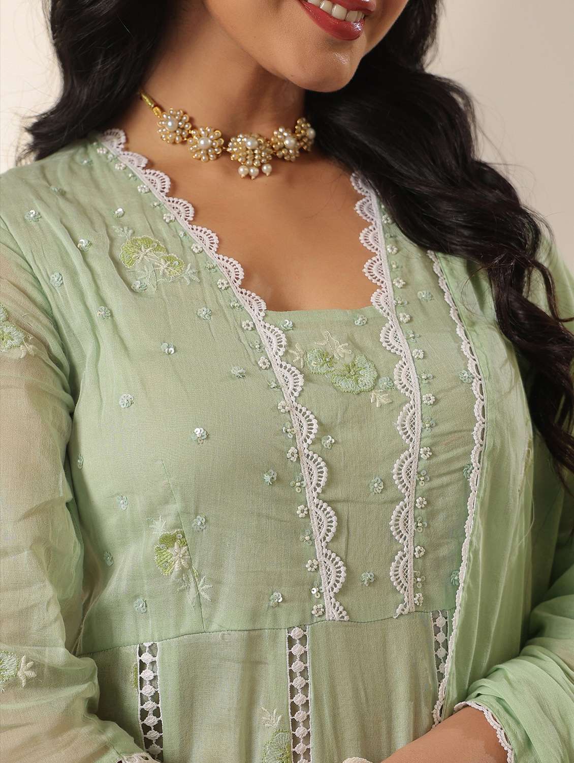 women solid with work three quarter sleeve kurta pant with dupatta set - 22390158 -  Standard Image - 5