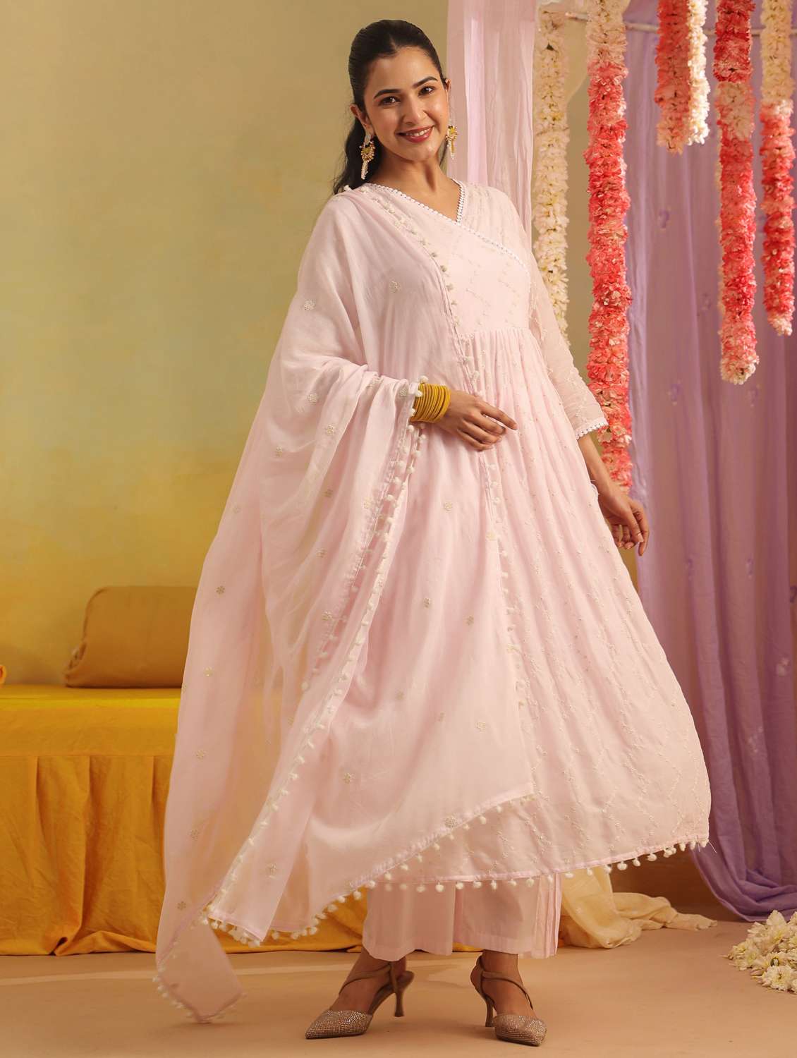 women solid with work three quarter sleeve kurta pant with dupatta set - 22390160 -  Standard Image - 3