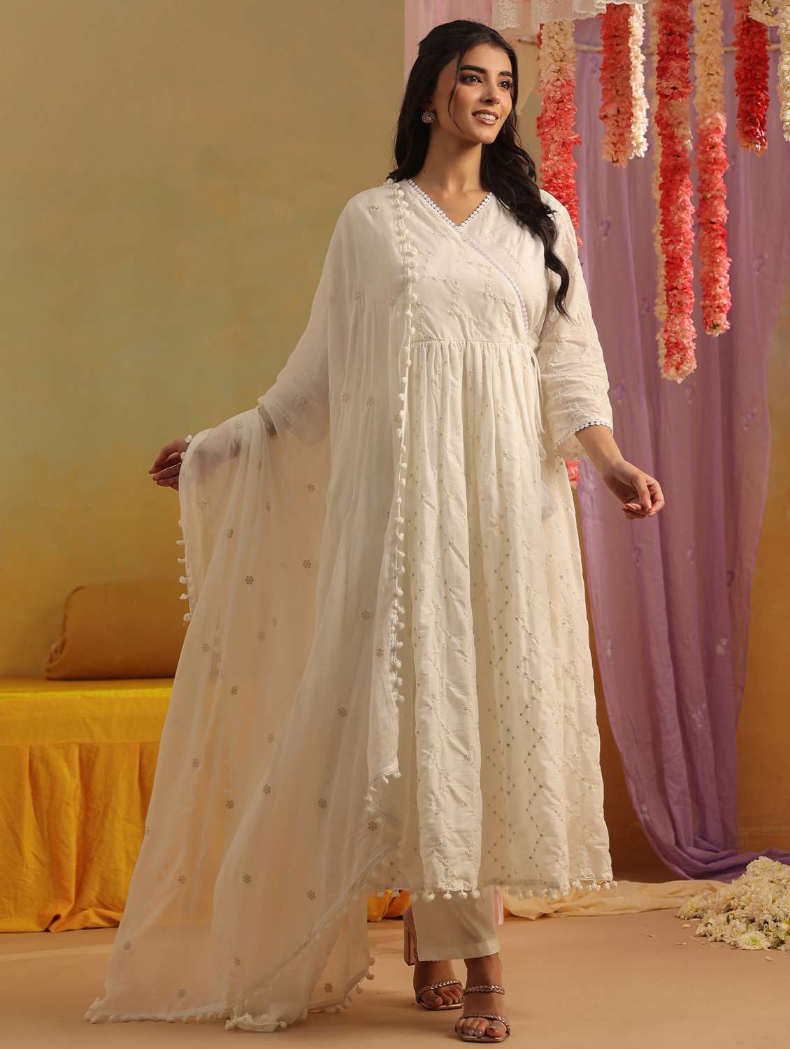 women solid with work three quarter sleeve kurta pant with dupatta set - 22390161 -  Standard Image - 3