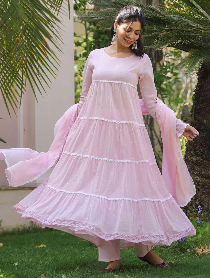 women solid with work long sleeve kurta pant with dupatta set - 22390164 -  Standard Image - 3