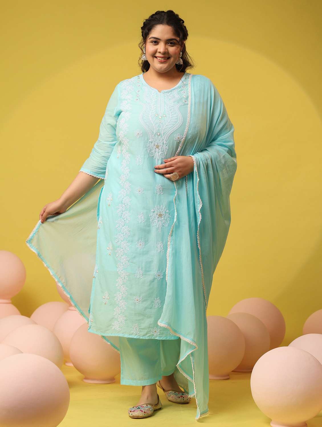 women plus size solid with work notch neck kurta pant with dupatta set