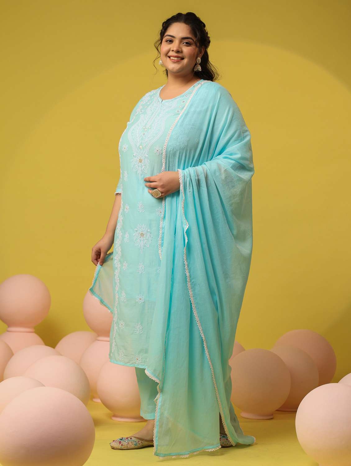 women plus size solid with work notch neck kurta pant with dupatta set - 22390165 -  Standard Image - 3