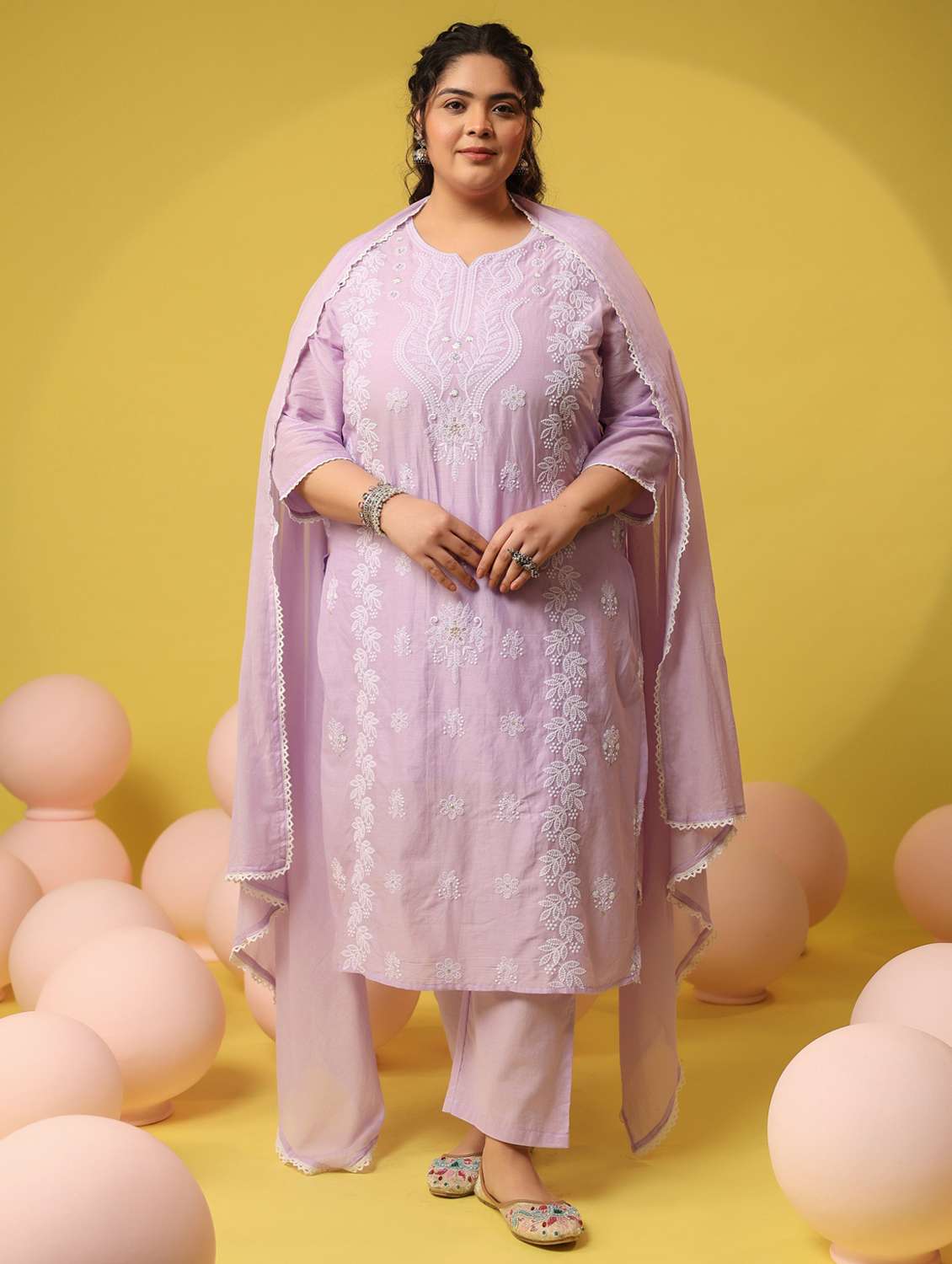 women plus size solid with work notch neck kurta pant with dupatta set