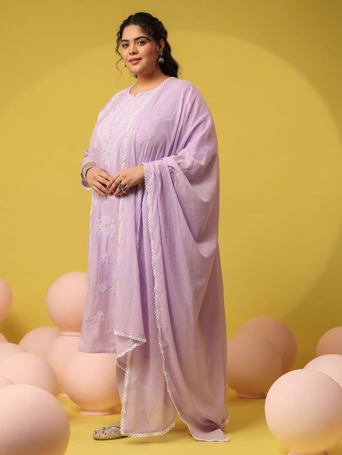women plus size solid with work notch neck kurta pant with dupatta set - 22390166 -  Standard Image - 3