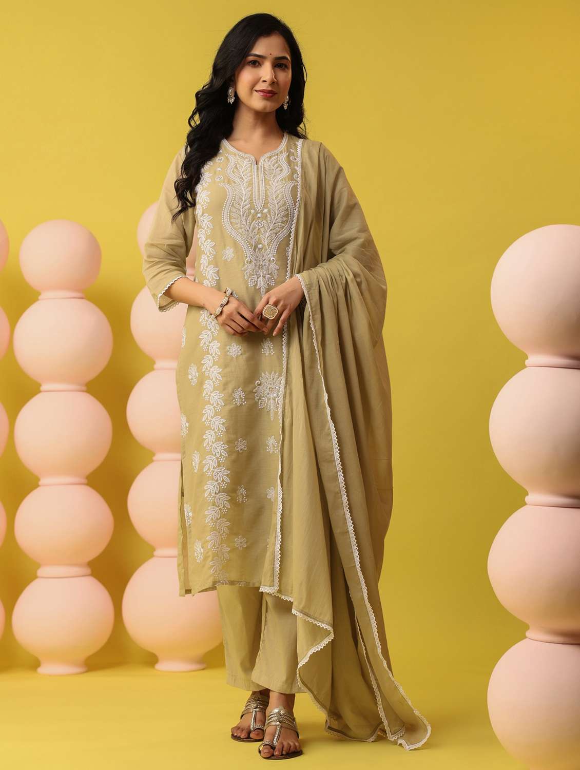 beige cotton kurta pant  set