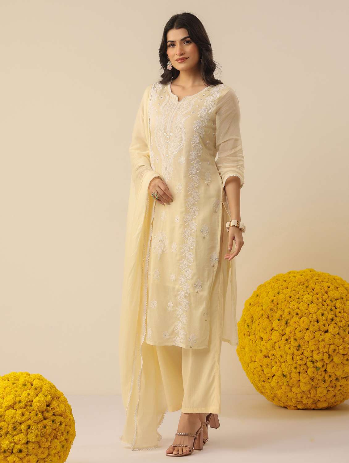 women solid with work notch neck kurta pant with dupatta set - 22390177 -  Standard Image - 3