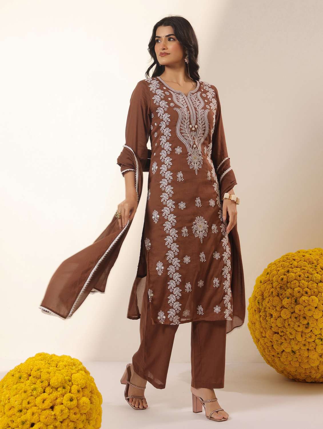 women solid with work notch neck kurta pant with dupatta set - 22390178 -  Standard Image - 3