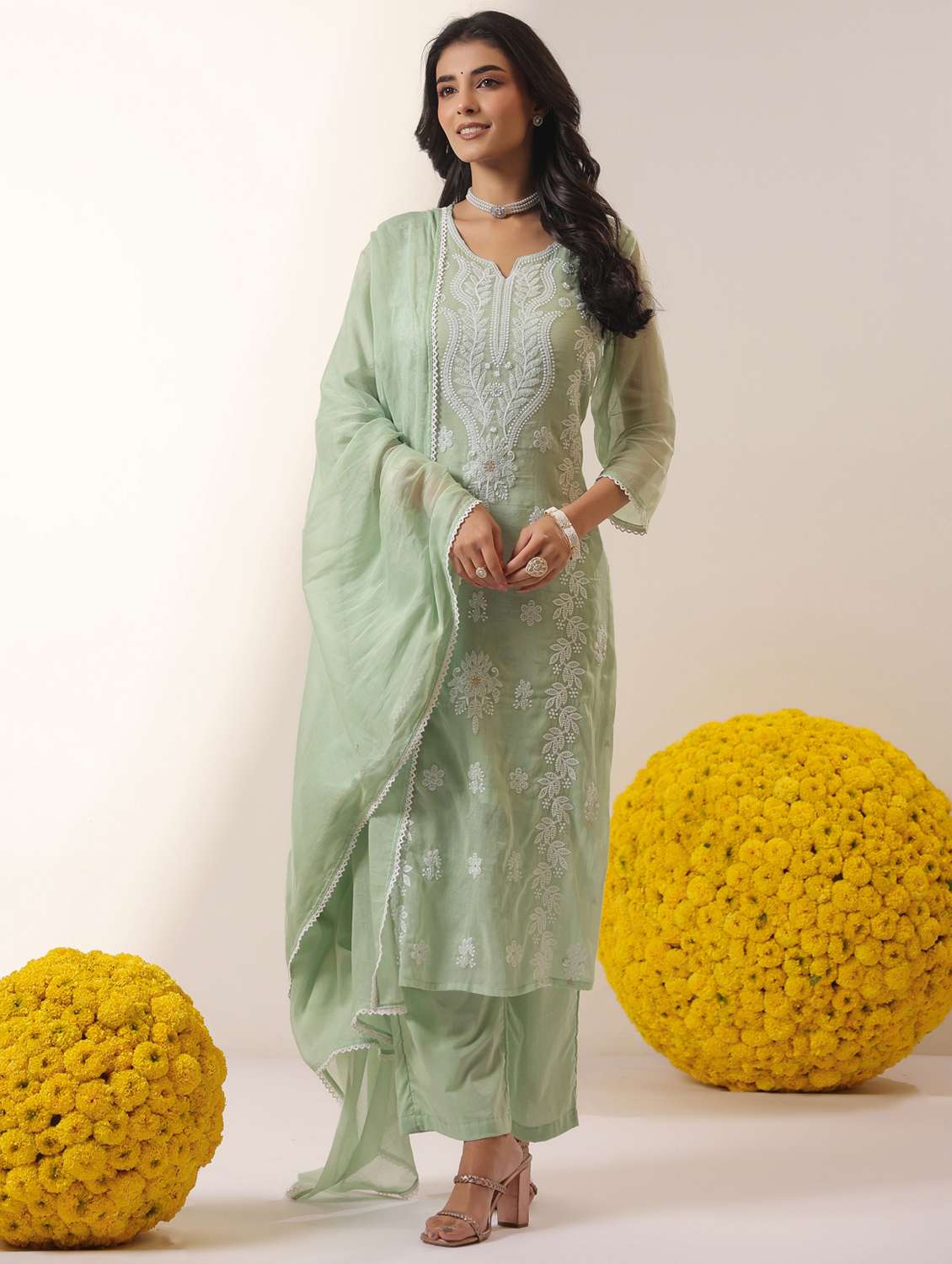 women solid with work notch neck kurta pant with dupatta set - 22390182 -  Standard Image - 3