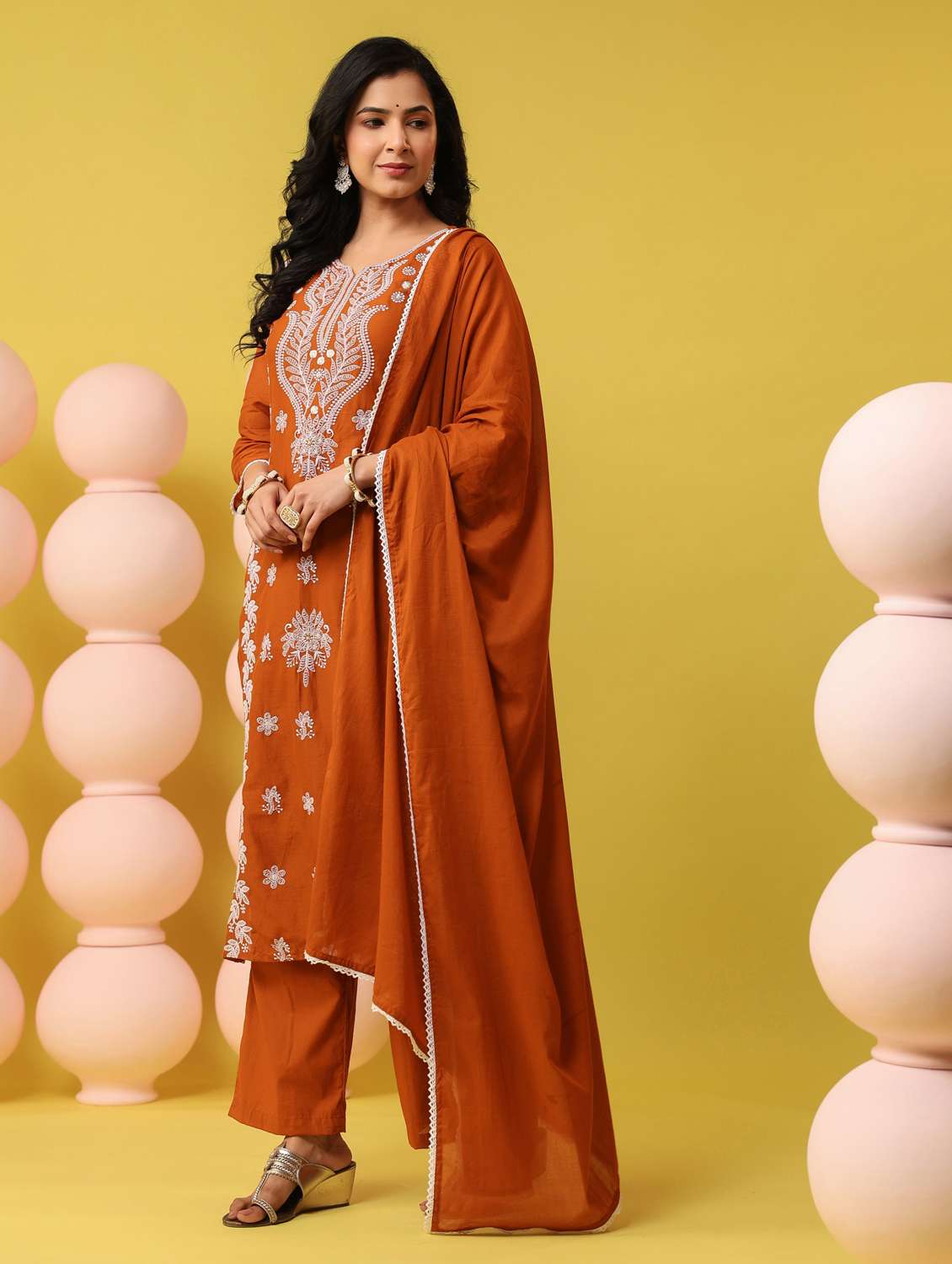 women solid with work notch neck kurta pant with dupatta set - 22390183 -  Standard Image - 3