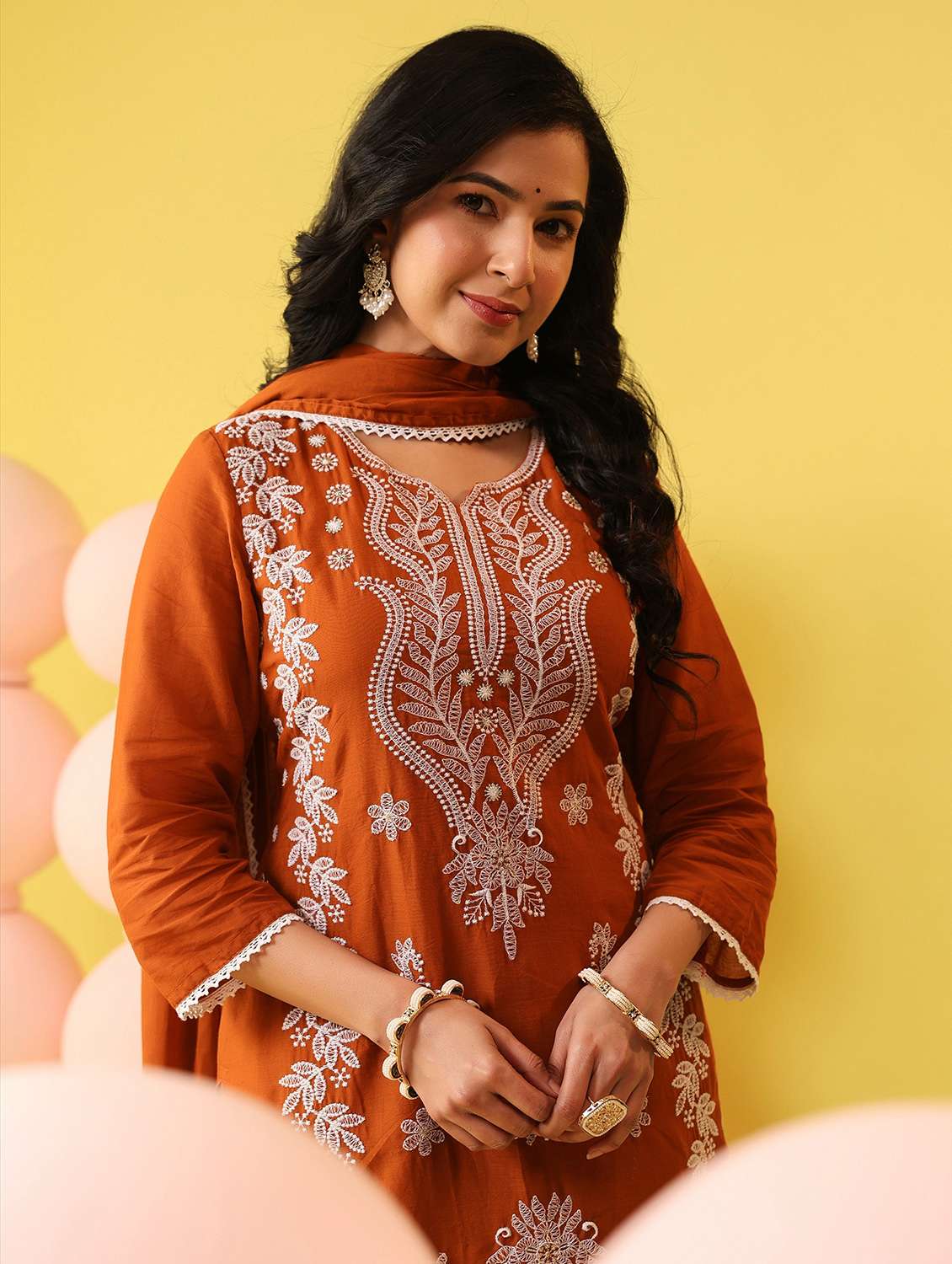 women solid with work notch neck kurta pant with dupatta set - 22390183 -  Standard Image - 5