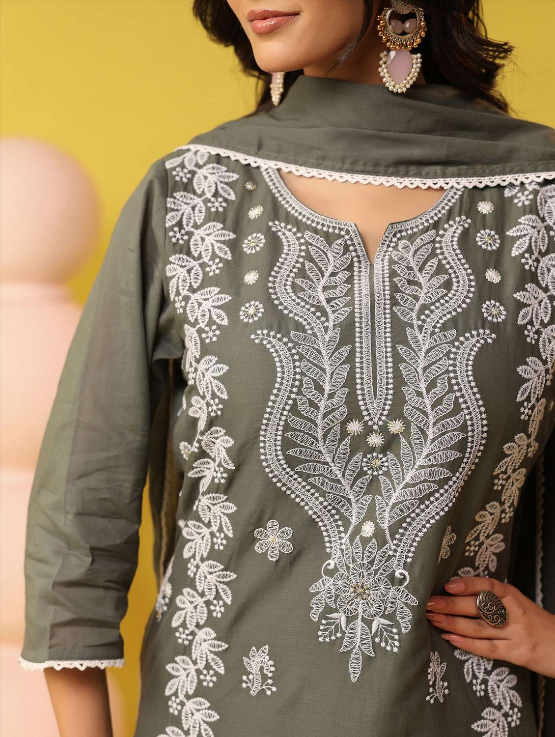 women solid with work notch neck kurta pant with dupatta set - 22390184 -  Standard Image - 5
