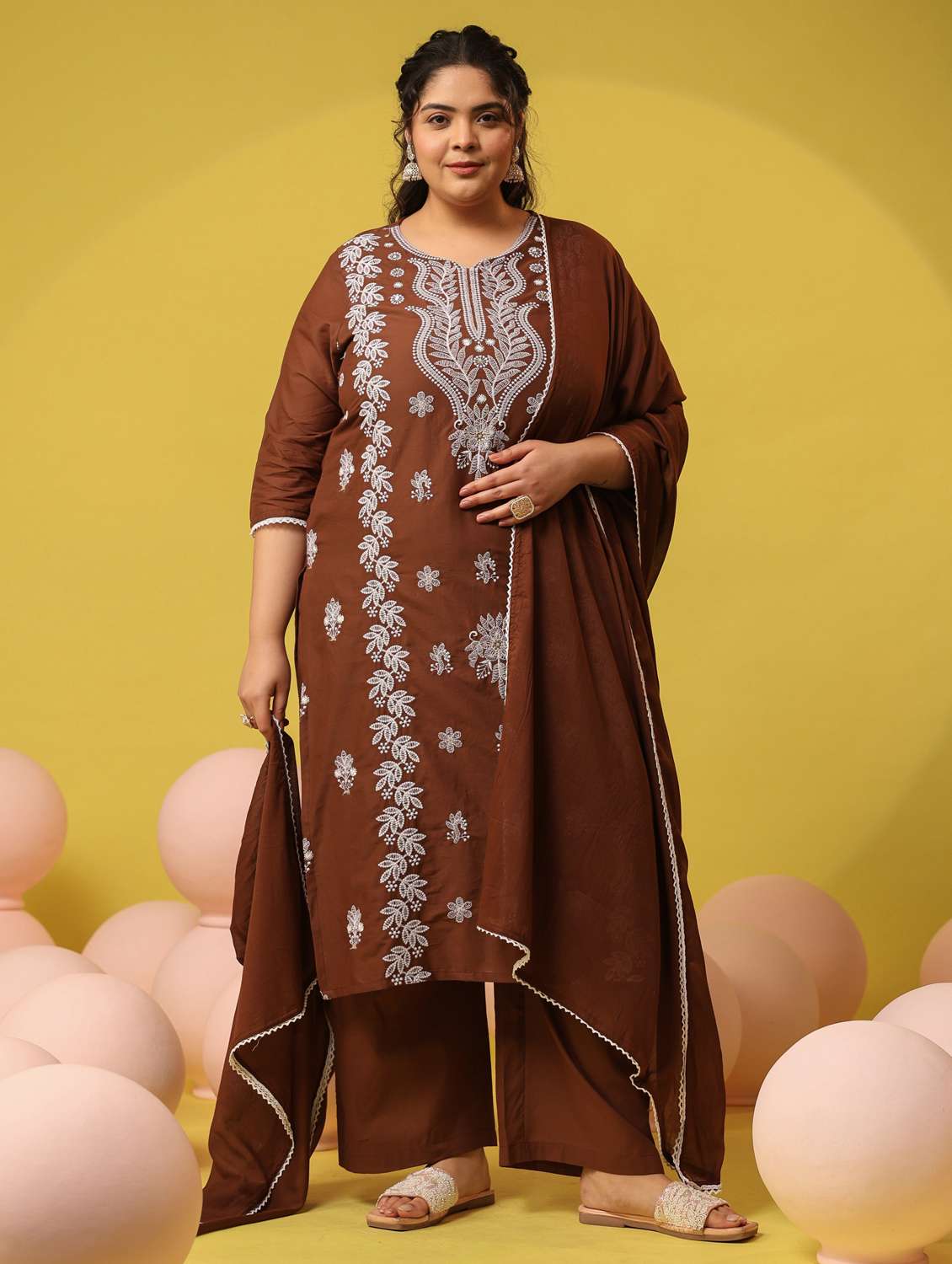 women plus size solid with work notch neck kurta pant with dupatta set