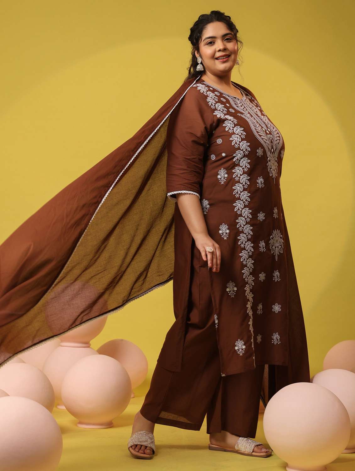Women Plus Size Solid With Work Notch Neck Kurta Pant With Dupatta Set - 22390186 -  Standard Image - 3